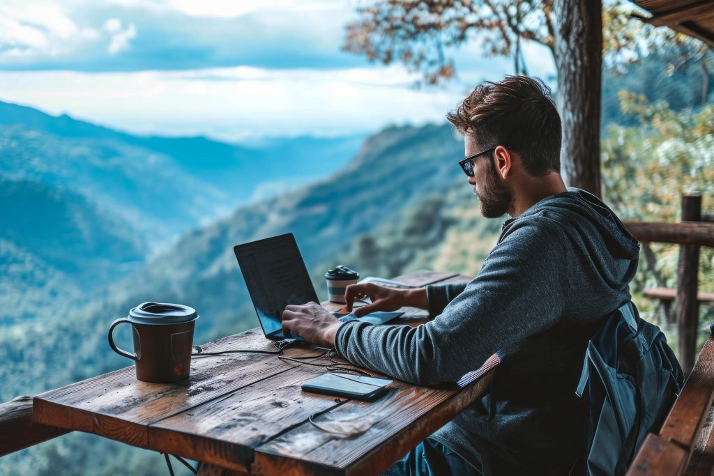 digital nomad working on his laptop view towards mountain