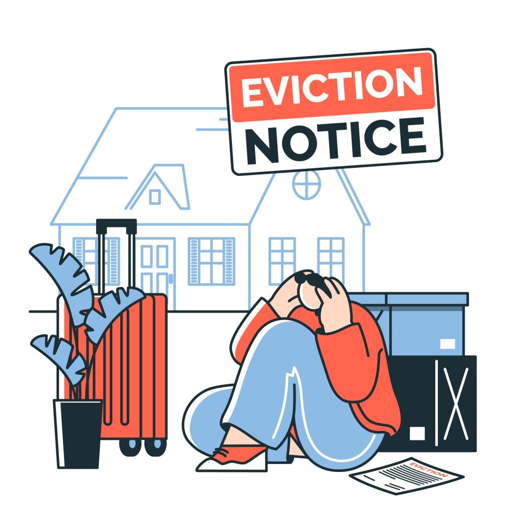 Stressed person sitting with luggage under a large eviction notice