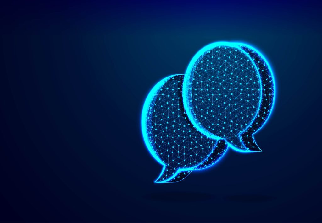 Glowing blue wireframe speech bubbles representing digital business communication